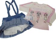 Conjunto Blusa Bordada + Saia Jeans Menina Paraiso Rf 13241