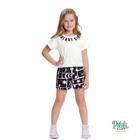 Conjunto Blusa Meia Malha Penteada Shorts Moletom Off White/Preto - Alakazoo