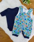 Conjunto Body com Jardineira Curta Dino Baby Azul 02 Peças