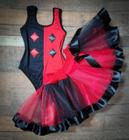 Conjunto Body e Saia Adulto Feminino Festa Fantasia de Carnaval Halloween Alerquin Alerquina Joker Vermelho e Preto