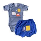 Conjunto body e shorts Best Club Baby azul jeans e azul com bordado carros