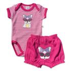 Conjunto body e shorts Best Club Baby listrado branco e pink com bordado cachorro de óculos