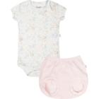 Conjunto Body Manga Curta e Shorts Flores Rosa