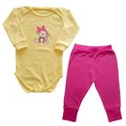 Conjunto Body Manga Longa Bebê Macaquinha Laço Rosa + Calça