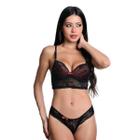 Conjunto Calcinha e Sutiã com Bojo Rendado Fio Dental Lingerie Preto