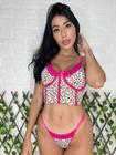 Conjunto Calcinha e Sutiã Cropped Estampa Oncinha Detalhe Renda com Aro Sem Bojo Lingerie Sexy