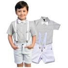 Conjunto Camisa Cinza Batizado Manga Curta Bermuda Branca Infantil 4 Peças