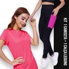 Conjunto camiseta Blusinha DRY FIT + Calça LEGGING BOLSOS Femininos Academia Fitness Furadinho 628 - Iron