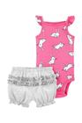 Conjunto Carters Feminino Short Listrado Cinza e Body Pink com Estampa de Coelho