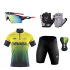 Conjunto Ciclismo Camisa + Bermuda C/ Forro Gel + Óculos De Proteção + Luvas Gel