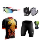 Conjunto Ciclismo Camisa + Bermuda C/ Forro Gel + Óculos De Proteção + Luvas Gel