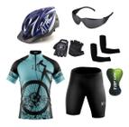Conjunto Ciclismo Camisa C/ Proteção UV e Bermuda C/ Forro Interno + Capacete de Ciclismo Atrio C/ Luz Led + Par de Luvas Kode + Óculos de Proteção Pr