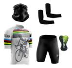 Conjunto Ciclismo Camisa C/ Proteção UV e Bermuda C/ Proteção em Gel + Par de Manguitos + Bandana