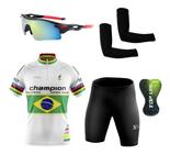 Conjunto Ciclismo Camisa C/ Proteção UV e Bermuda C/ Proteção UV + Óculos Esportivo Espelhado + Par de Manguitos