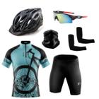 Conjunto Ciclismo Camisa e Bermuda C/ Proteção UV + Capacete Ciclismo + Luva de Ciclismo + Óculos Esportivo + Manguito + Bandana - XFreedom