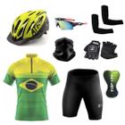 Conjunto Ciclismo Camisa e Bermuda + Capacete de Ciclismo C/ Luz LED + Luvas de Ciclismo + Óculos Esportivo + Par de Manguitos + Bandana