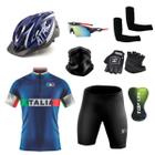 Conjunto Ciclismo Camisa e Bermuda + Capacete de Ciclismo C/ Luz LED + Luvas de Ciclismo + Óculos Esportivo + Par de Manguitos + Bandana