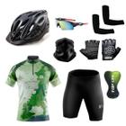 Conjunto Ciclismo Camisa e Bermuda + Capacete de Ciclismo C/ Luz LED + Luvas de Ciclismo + Óculos Esportivo + Par de Manguitos + Bandana