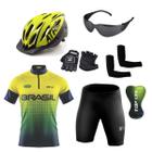 Conjunto Ciclismo Camisa e Bermuda + Capacete de Ciclismo C/ Luz LED + Luvas de Ciclismo + Óculos Esportivo + Par de Manguitos