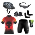 Conjunto Ciclismo Camisa e Bermuda + Capacete de Ciclismo C/ Luz LED + Luvas de Ciclismo + Óculos Esportivo + Par de Manguitos