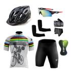 Conjunto Ciclismo Camisa e Bermuda + Capacete de Ciclismo C/ Luz LED + Luvas de Ciclismo + Óculos Esportivo + Par de Manguitos