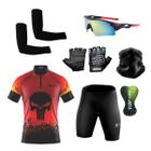 Conjunto Ciclismo Camisa e Bermuda +Par de Luvas + Óculos Esportivo + Par de Manguitos + Bandana