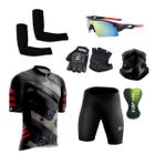 Conjunto Ciclismo Camisa e Bermuda + Par de Luvas + Óculos Esportivo + Par de Manguitos + Bandana