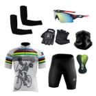 Conjunto Ciclismo Camisa e Bermuda + Par de Luvas + Óculos Esportivo + Par de Manguitos + Bandana