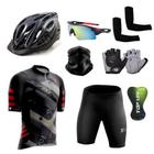 Conjunto Ciclismo Camisa Proteção Uv e Bermuda + Capacete Ciclismo + Luva Ciclismo + Óculos Esportivo + Manguito + Bandana - XFreedom