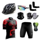 Conjunto Ciclismo Camisa Proteção Uv e Bermuda + Capacete Ciclismo + Luva Ciclismo + Óculos Esportivo +  Manguito + Bandana