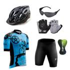 Conjunto Ciclismo Camisa Proteção UV e Bermuda + Capacete Ciclismo +Luvas Ciclismo + Óculos