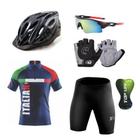 Conjunto Ciclismo Camisa Proteção UV e Bermuda em Gel + Capacete Ciclismo + Luvas Ciclismo + Óculos