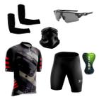 Conjunto Ciclismo Camisa Proteção Uv e Bermuda + Óculos Esportivo + Manguito + Bandana