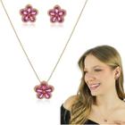 Conjunto Colar Cordão Brinco Flor Colorida Zirconia Semijoia