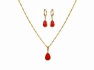 Conjunto Colar e Brinco Gota de Cristal Vermelho Folheado Ouro 18k Antialérgico