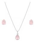 Conjunto Colar E Brinco Gota Prata 925 Pedra Rosa Cristal