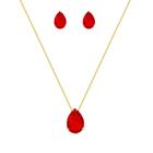 Conjunto Colar e Brinco Pedra Zircônia Rubi Vermelha Banhado A Ouro 18k