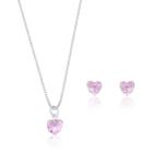 Conjunto Colar E Brincos Coração Zircônia Rosa Prata 925