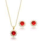 Conjunto Colar e Brincos Ponto de Luz redondo Vermelho Banhado a Ouro 18k