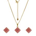 Conjunto Colar e Brincos Quadrado Rosa e Verde Folheado em Ouro 18K Softjoias