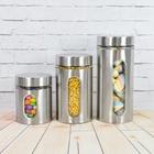 Conjunto com 3 Potes Para Mantimentos em Aço Inox e Vidro com Tampa de Rosca e Visor para Visualizar a Quantidade