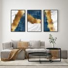 Conjunto com 3 Quadros Decorativos Abstrato Marmorizado Azul, Dourado e Branco