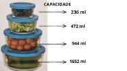 Conjunto com 4 Potes Redondos em Vidros Refratários com Tampa Azul.