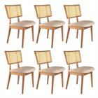 Conjunto com 6 Cadeiras Madeira Maciça com Rattan Natural e Estofada 88x57x46cm Livia