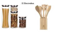 Conjunto Completo Electrolux: 6 Utensílios de Bambu Sustentáveis + 4 Potes de Vidro Herméticos com Tampa de Inox