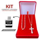 Conjunto Corrente 925 Masculina + Pulseira 3x1 + Limpa Prata