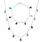 Conjunto Corrente Choker E Pulseira Gota Colorida Prata 925