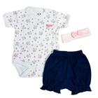 Conjunto curto bebê body branco estampado ursinhos cobre fralda marinho e com laço tiara