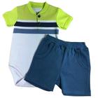 Conjunto curto bebê body branco verde e azul com botões e shorts azul liso