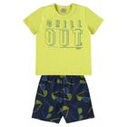 Conjunto curto infantil camiseta amarelo estampado e bermuda preta estampada